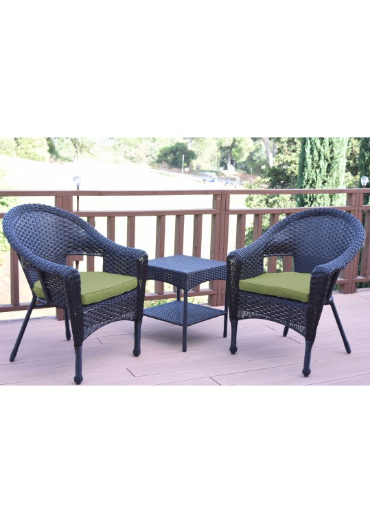 Set of 3 Espresso Resin Wicker Clark Single Chair with 2 inch Sage Green Cushion and End Table