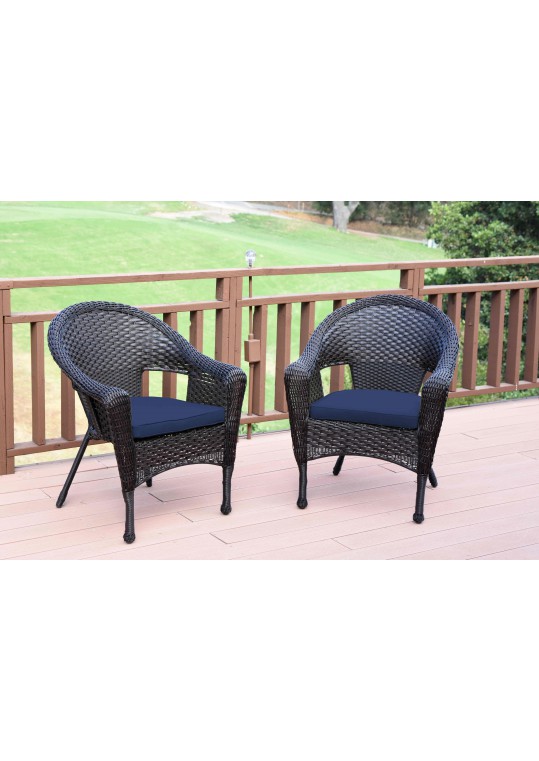 Set of 2 Espresso Resin Wicker Clark Single Chair with Midnight Blue Cushion