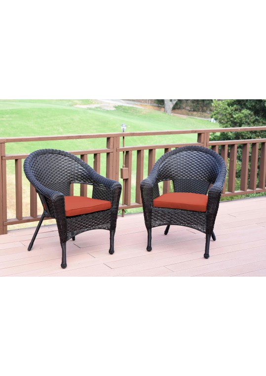 Set of 2 Espresso Resin Wicker Clark Single Chair with Brick Red Cushion