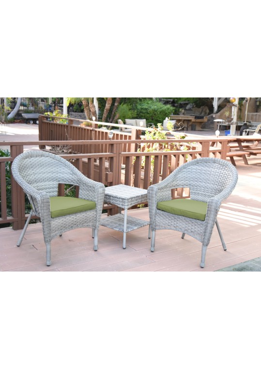 Set of 3 Grey Resin Wicker Clark Single Chair with 2 inch Sage Green Cushion and End Table