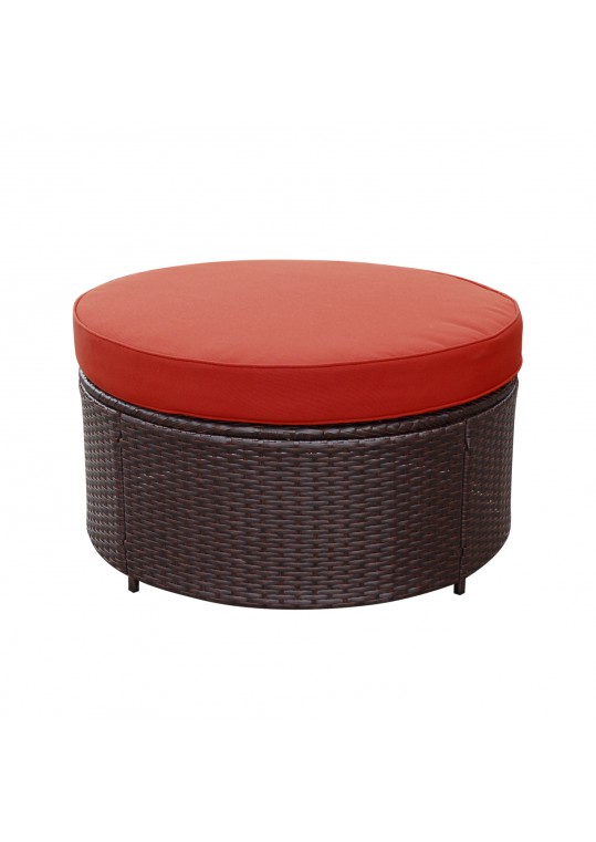 Resin Wicker Cartagena Curved modular Sectional Round Ottoman with 3.5in Brick Red Cushion