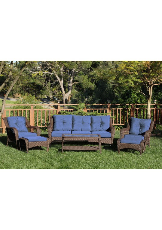 6pc Wicker Seating Set with Midnight Blue Cushions