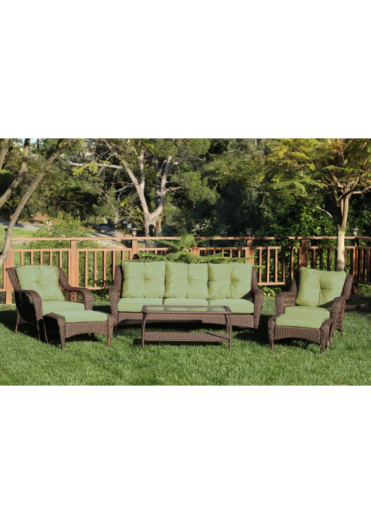 6pc Wicker Seating Set with Sage Green Cushions