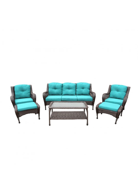 6pc Wicker Seating Set with Turquoise Cushions