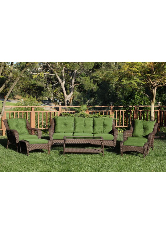 6pc Wicker Seating Set with Hunter Green Cushions