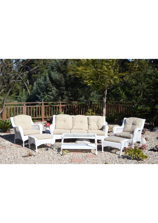 6pc White Wicker Seating Set with Ivory Cushions