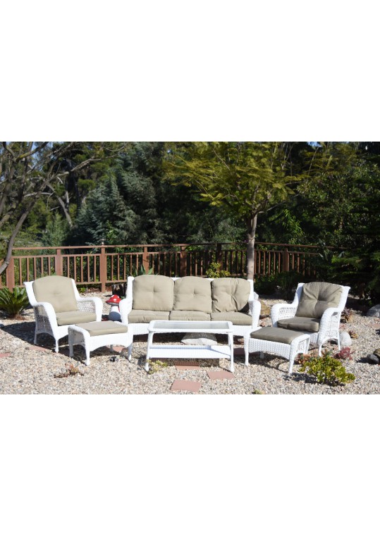 6pc White Wicker Seating Set with Tan Cushions