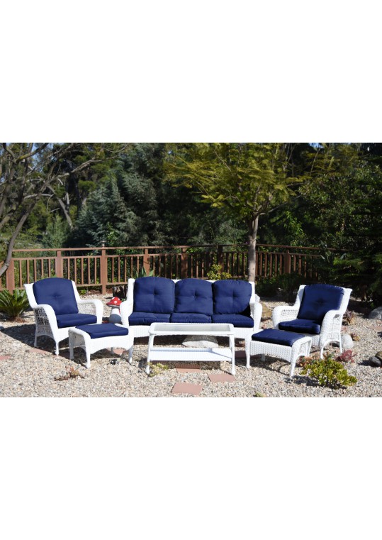 6pc White Wicker Seating Set with Midnight Blue Cushions