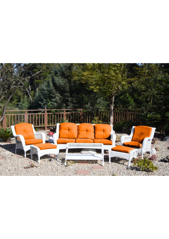 6pc White Wicker Seating Set with Orange Cushions