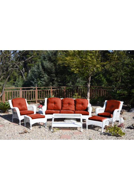 6pc White Wicker Seating Set with Brick Red Cushions