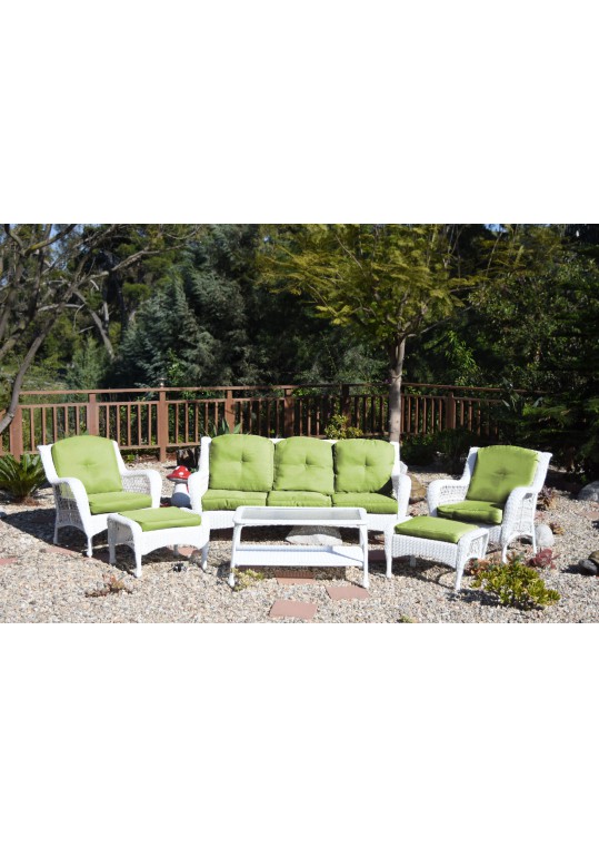 6pc White Wicker Seating Set with Sage Green Cushions