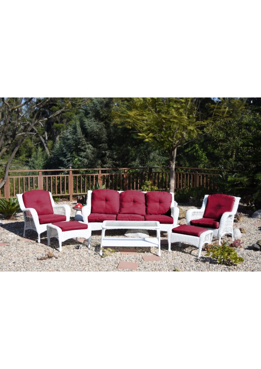 6pc White Wicker Seating Set with Red Cushions