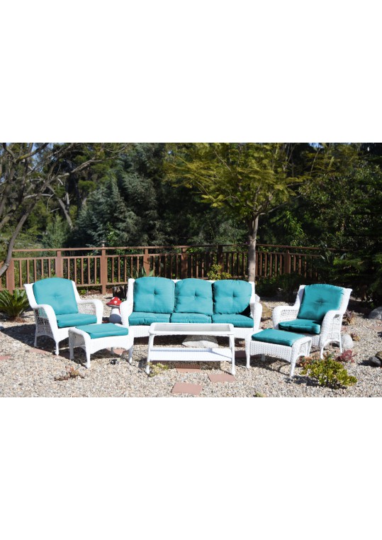 6pc White Wicker Seating Set with Turquoise Cushions