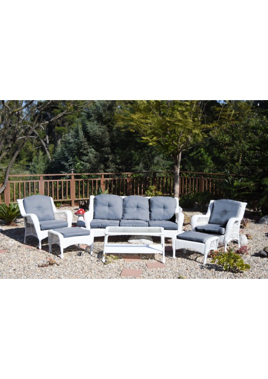 6pc White Wicker Seating Set with Steel Blue Cushions