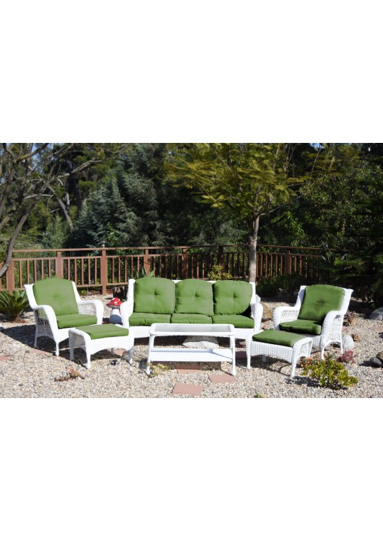 6pc White Wicker Seating Set with Hunter Green Cushions